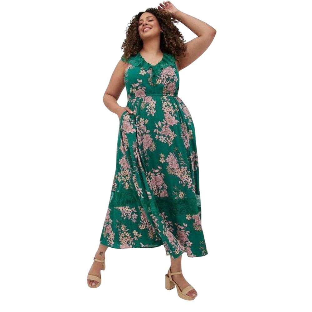 Torrid Green Floral Lace Gauze Sleeveless Maxi Midi Dress 1 1X 14/16